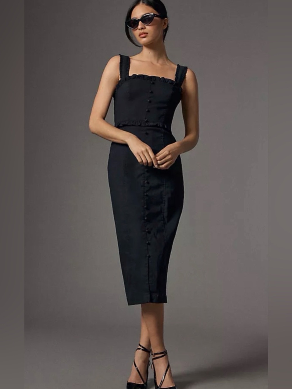Anthropologie Black Square-Neck Midi Dress with Button Front Detail